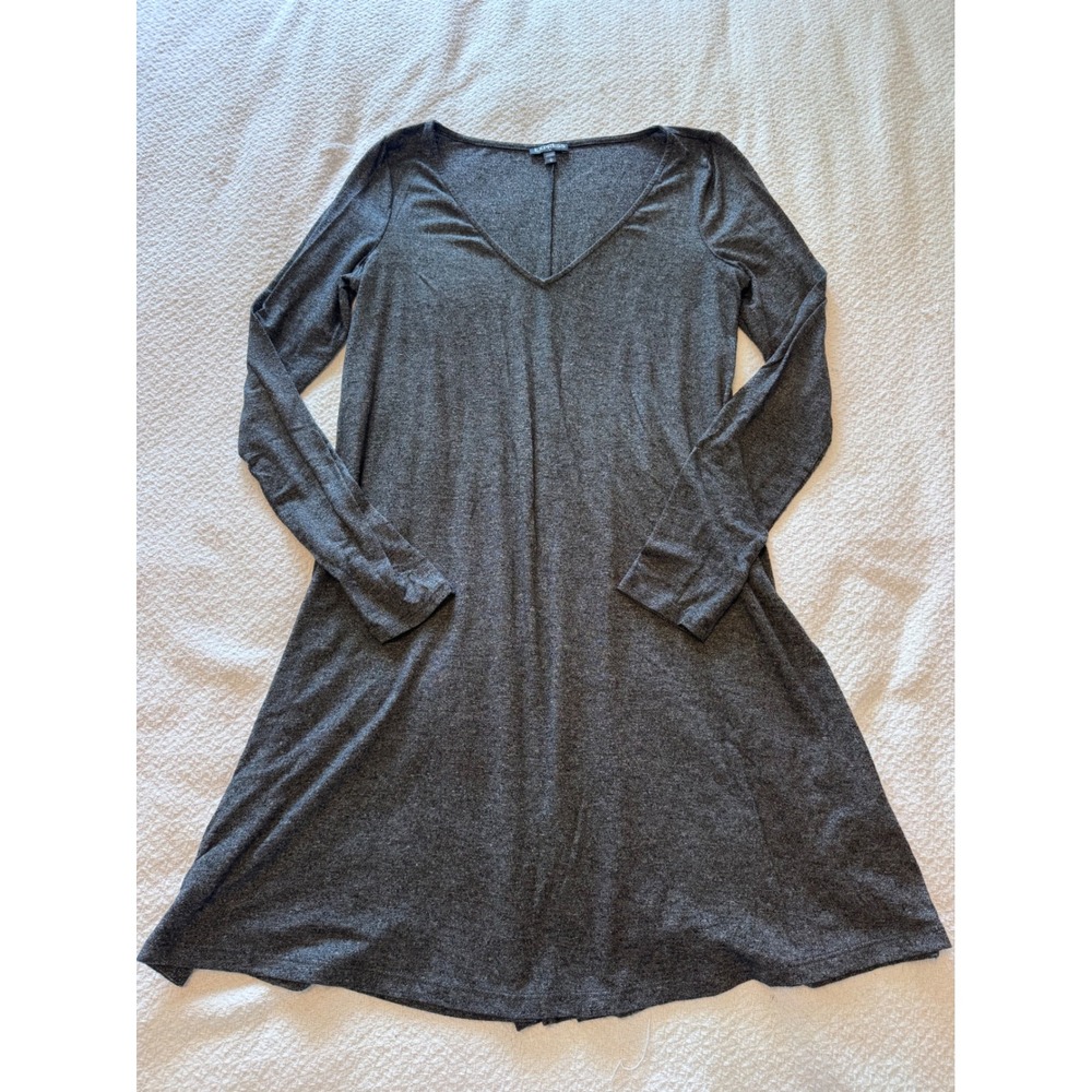 Express Womens Charcoal Gray Heather V-Neck Long Sleeve Knit A-Line Dress Size M
